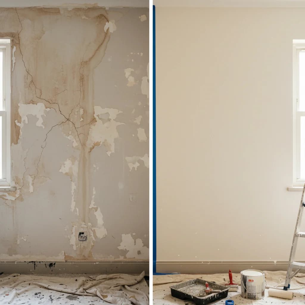 Antes y después de una pared restaurada por Kalid Pintores